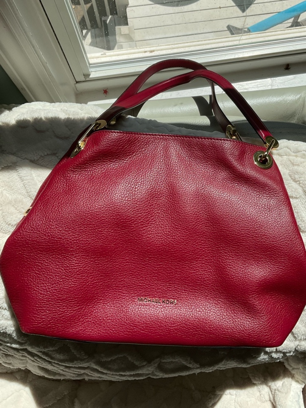 New Michael Kors Bright Red Leather Tote with Gold Accents